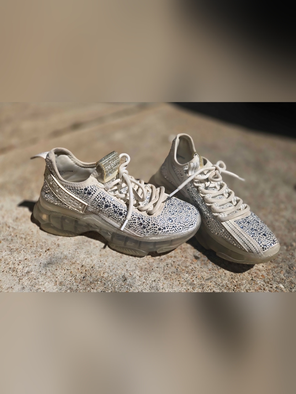 Steve Madden Crystal-Embellished Cream Lace-Up Sneakers
